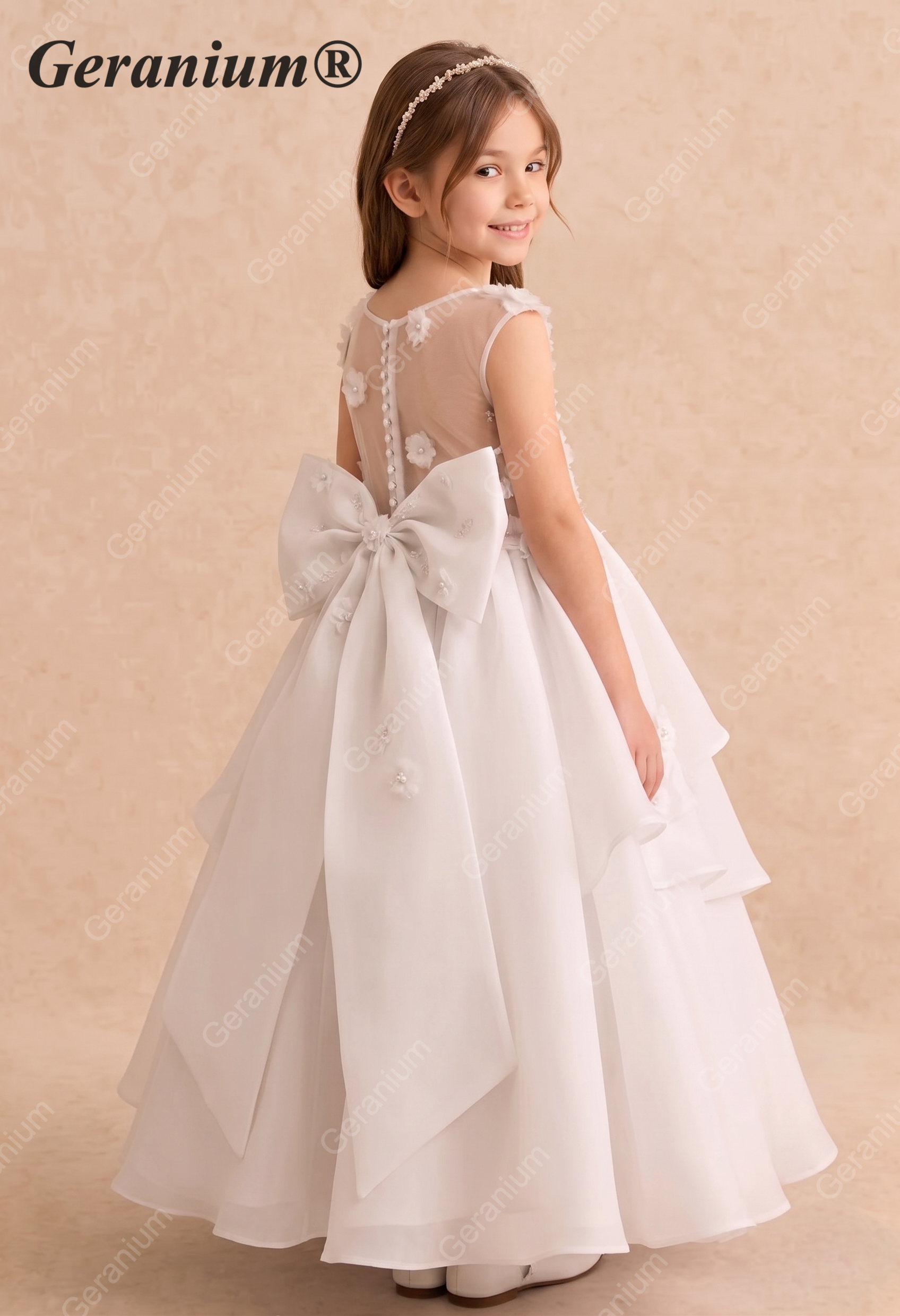 Geranium Luxury 3D Floral Applique Asymmetric Layered Flower Girl Dress with Oversized Back Bow KD-245