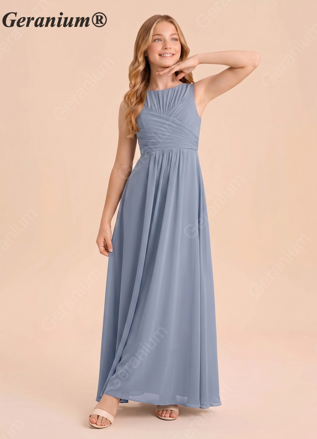 Geranium Dusty Blue Chiffon Junior Bridesmaid Dress – Sleeveless Ruched Bodice A-Line Floor Length Formal Dress KD-80
