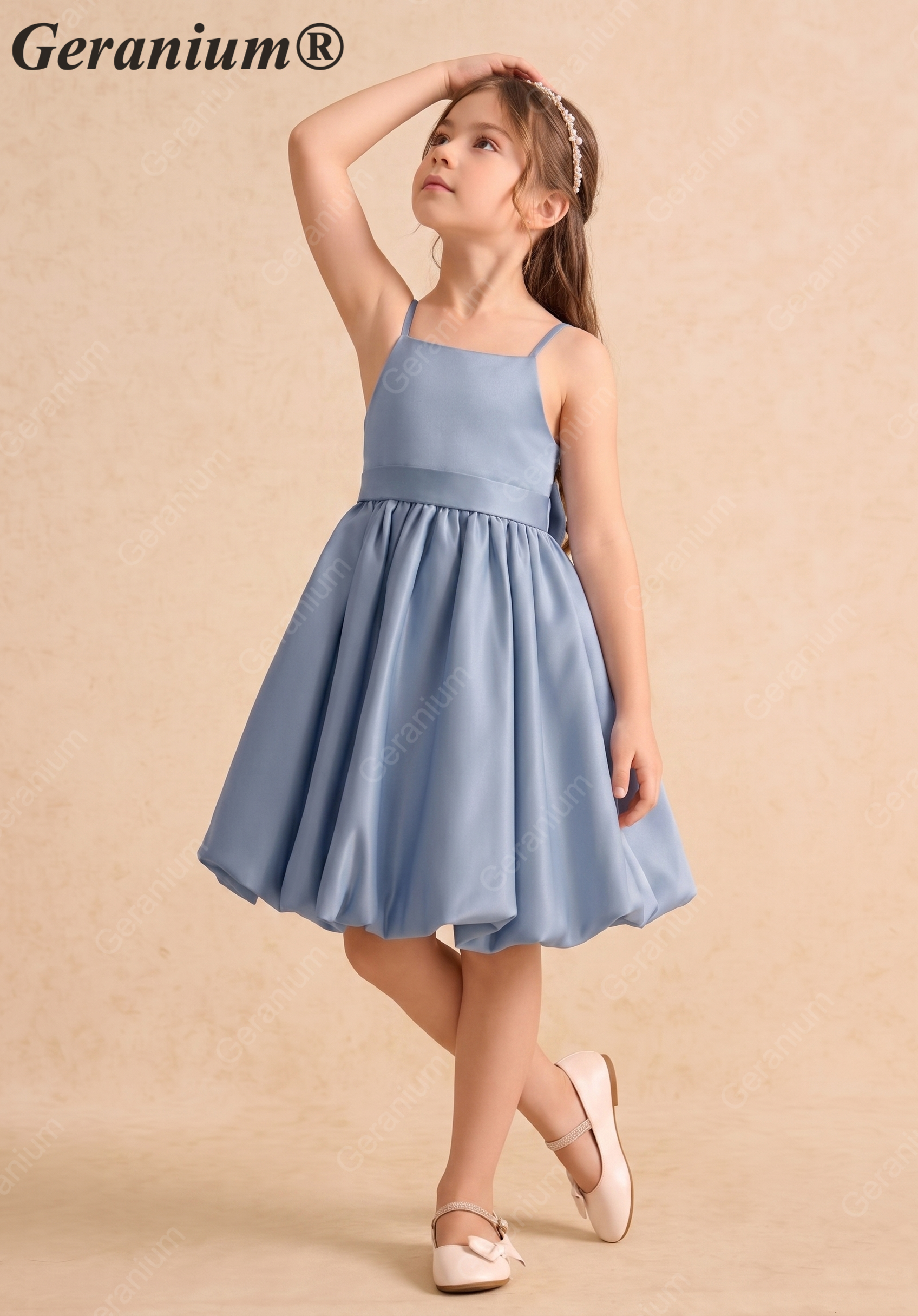 Geranium Elegant Dusty Blue Satin Flower Girl Dress - Spaghetti Strap Bubble Hem Party Gown with Oversized Back Bow KD-273 Secondary image
