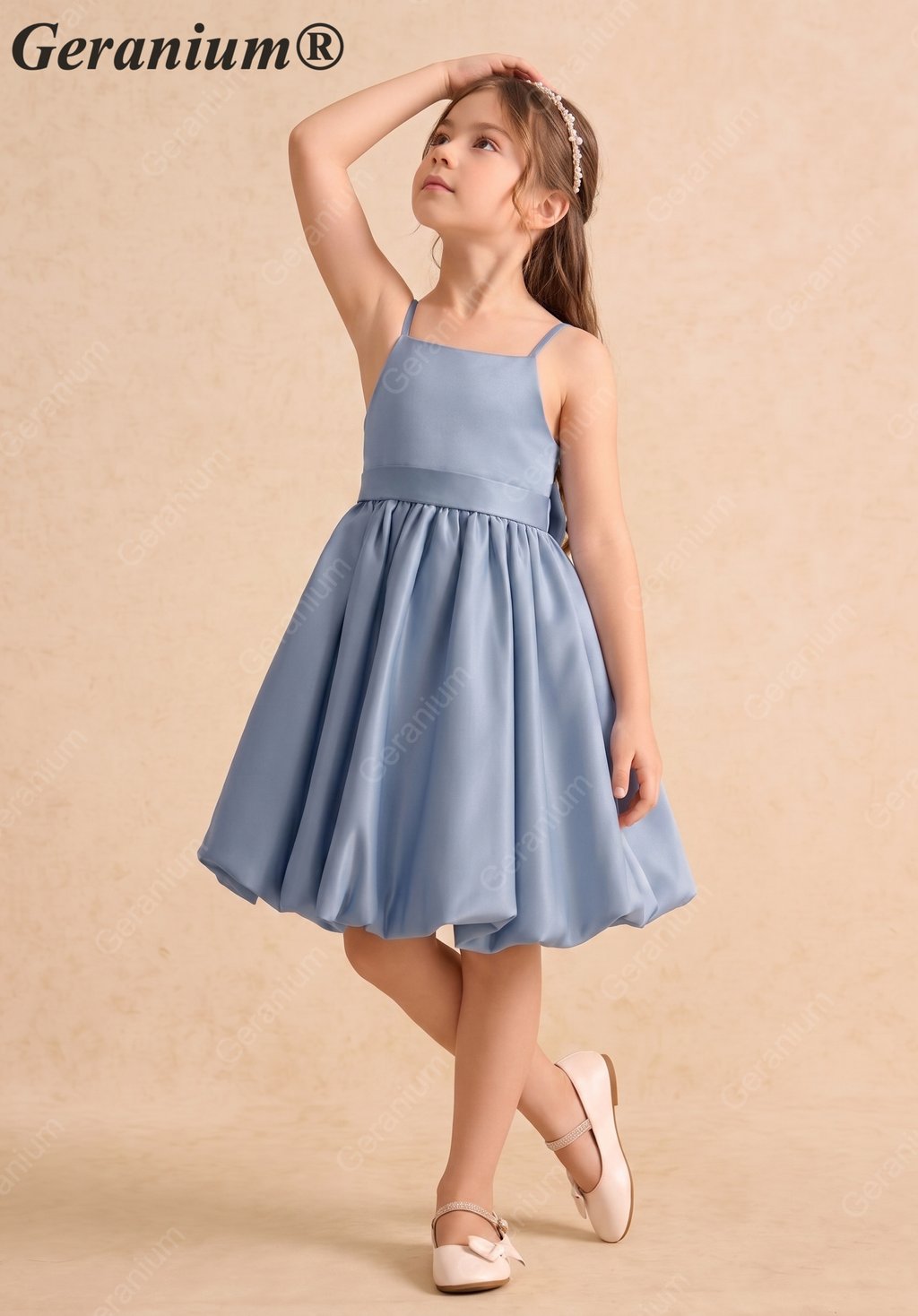 Geranium Elegant Dusty Blue Satin Flower Girl Dress - Spaghetti Strap Bubble Hem Party Gown with Oversized Back Bow KD-273