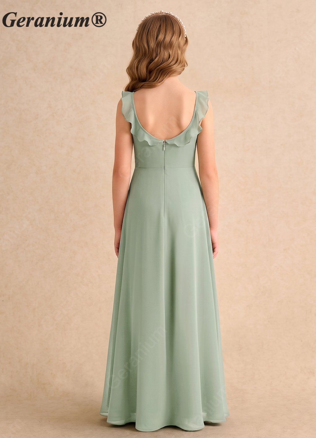 Geranium Ruffle Square Neck Chiffon Floor-Length Sage Green Junior Bridesmaid Dress for Kids/Teens (With Optional Side Slit) KD-174