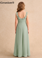 Geranium Ruffle Square Neck Chiffon Floor-Length Sage Green Junior Bridesmaid Dress for Kids/Teens (With Optional Side Slit) KD-174