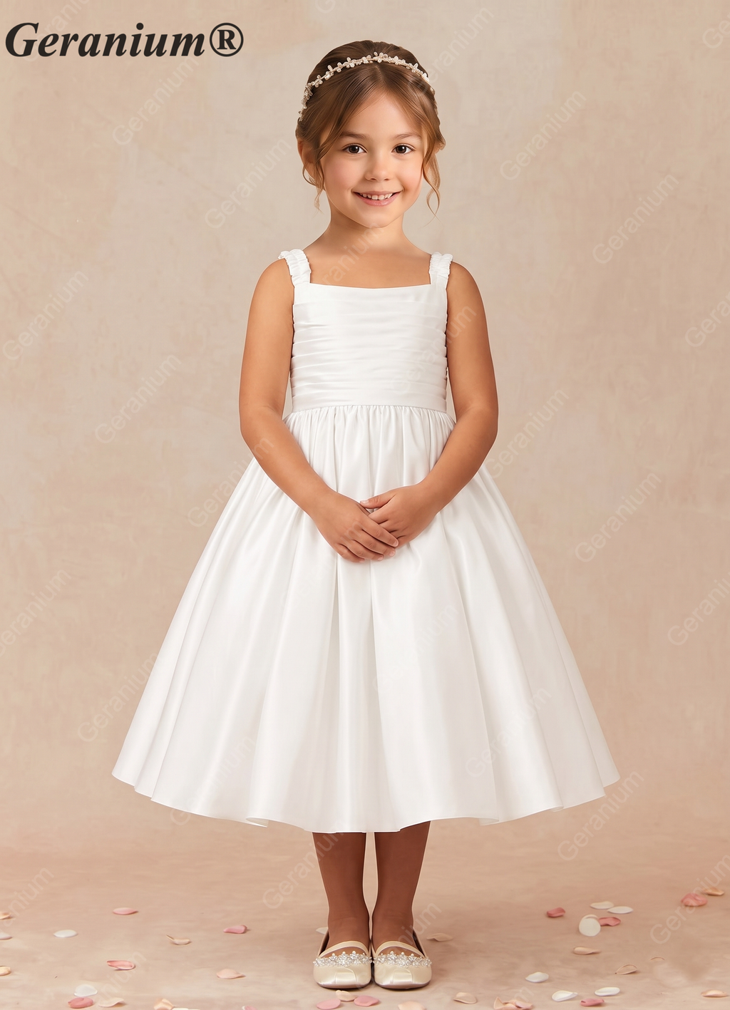 Geranium Elegant Lustrous Satin Flower Girl Dress - Pleated Bodice & Oversized Back Bow A-Line Gown KD-286