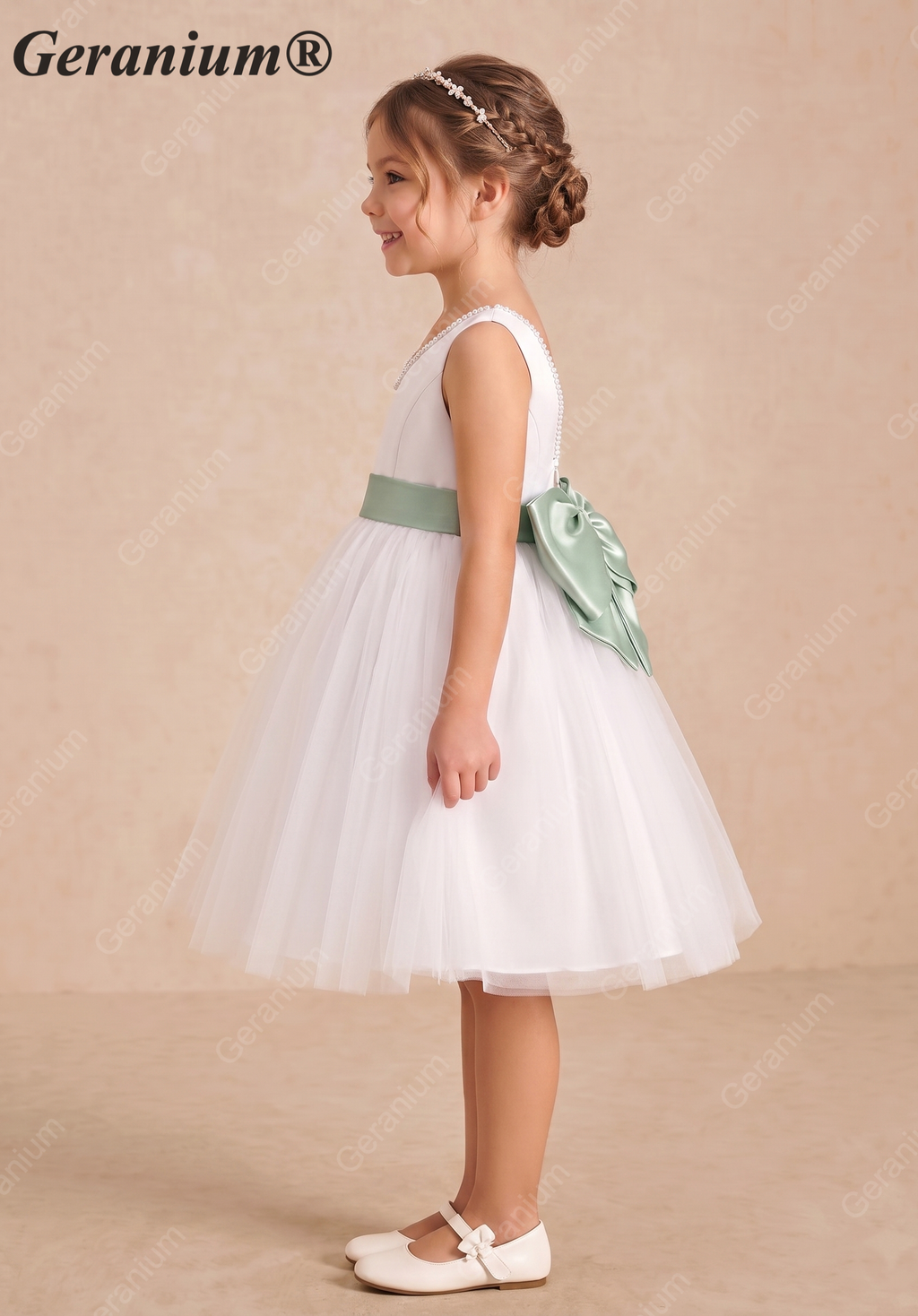 Geranium Elegant Pearl V-Neck Flower Girl Dress with Detachable Sage Green Satin Back Bow KD-298