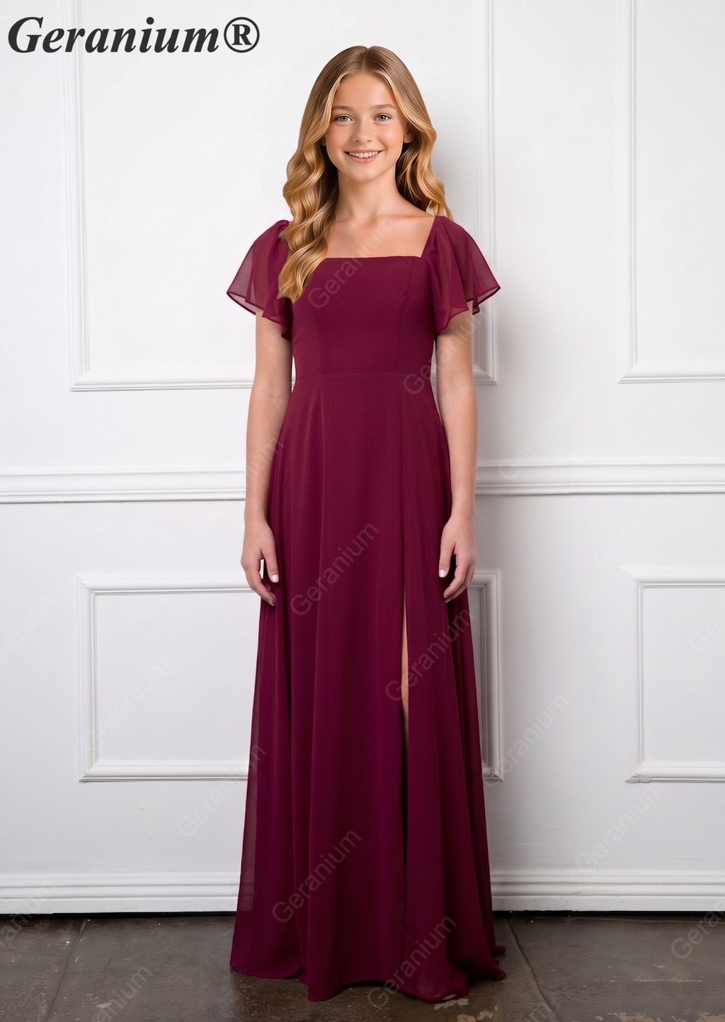 Geranium Elegant Chiffon Square Neck Junior Bridesmaid Dress with Flutter Sleeves & Slit KD-308