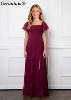 Geranium Elegant Chiffon Square Neck Junior Bridesmaid Dress with Flutter Sleeves & Slit KD-308