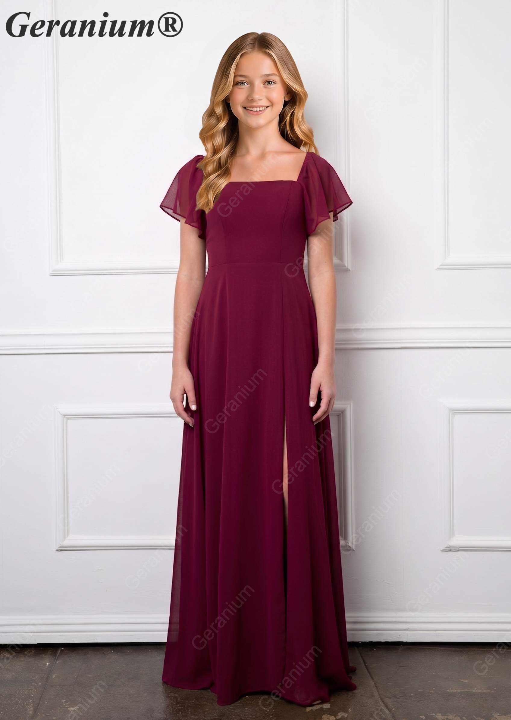 Geranium Elegant Chiffon Square Neck Junior Bridesmaid Dress with Flutter Sleeves & Slit KD-308