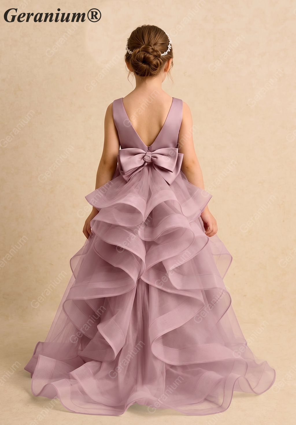 Geranium Dusty Rose Satin & Tulle Flower Girl Dress - Ruffled Tiered Train with Oversized Back Bow KD-190
