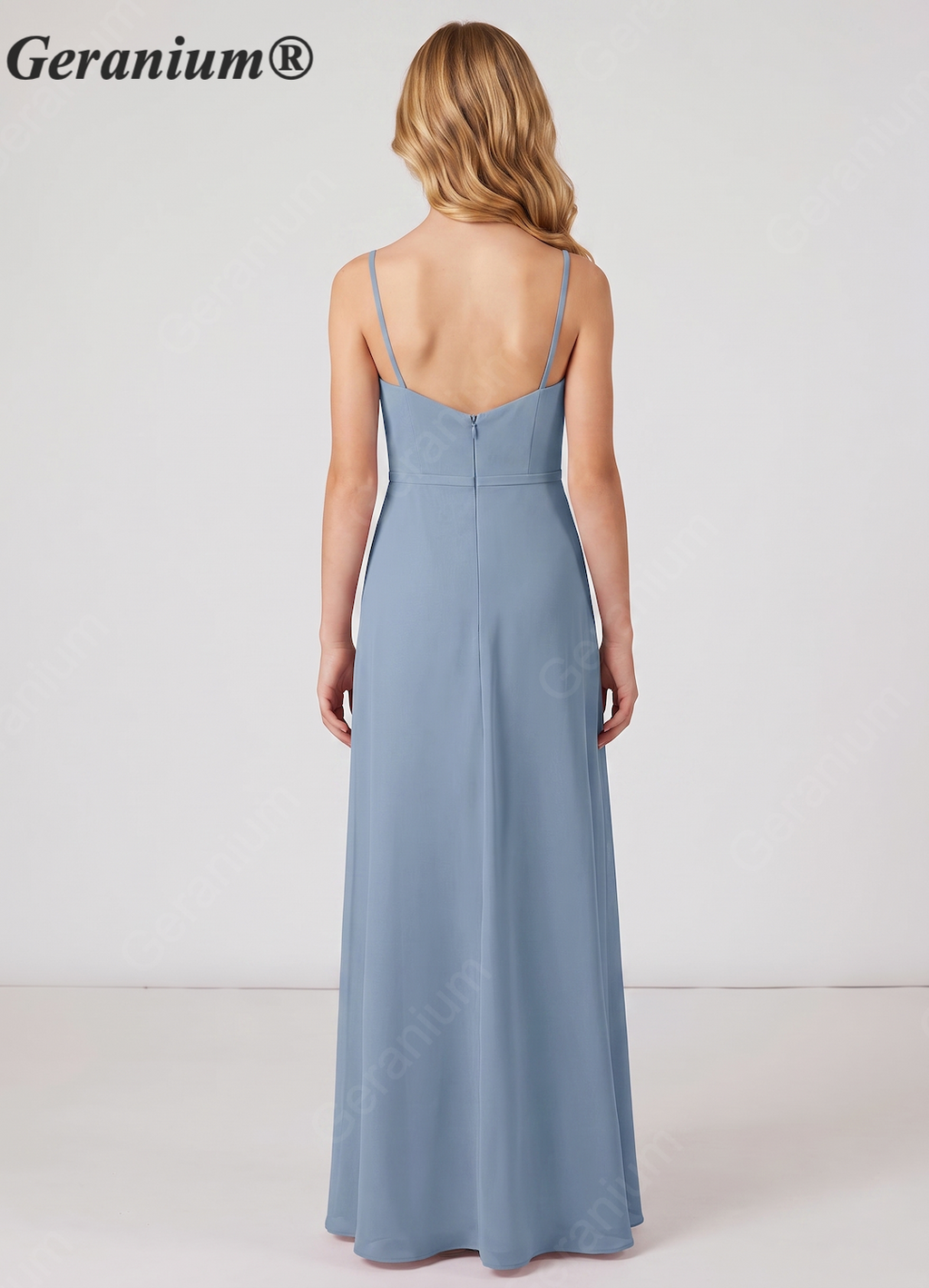 Geranium Dusty Blue Spaghetti Strap Satin Bridesmaid Dress with Ruffle Slit – Elegant A-Line Floor Length Gown KD-151