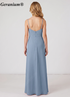Geranium Dusty Blue Spaghetti Strap Satin Bridesmaid Dress with Ruffle Slit – Elegant A-Line Floor Length Gown KD-151