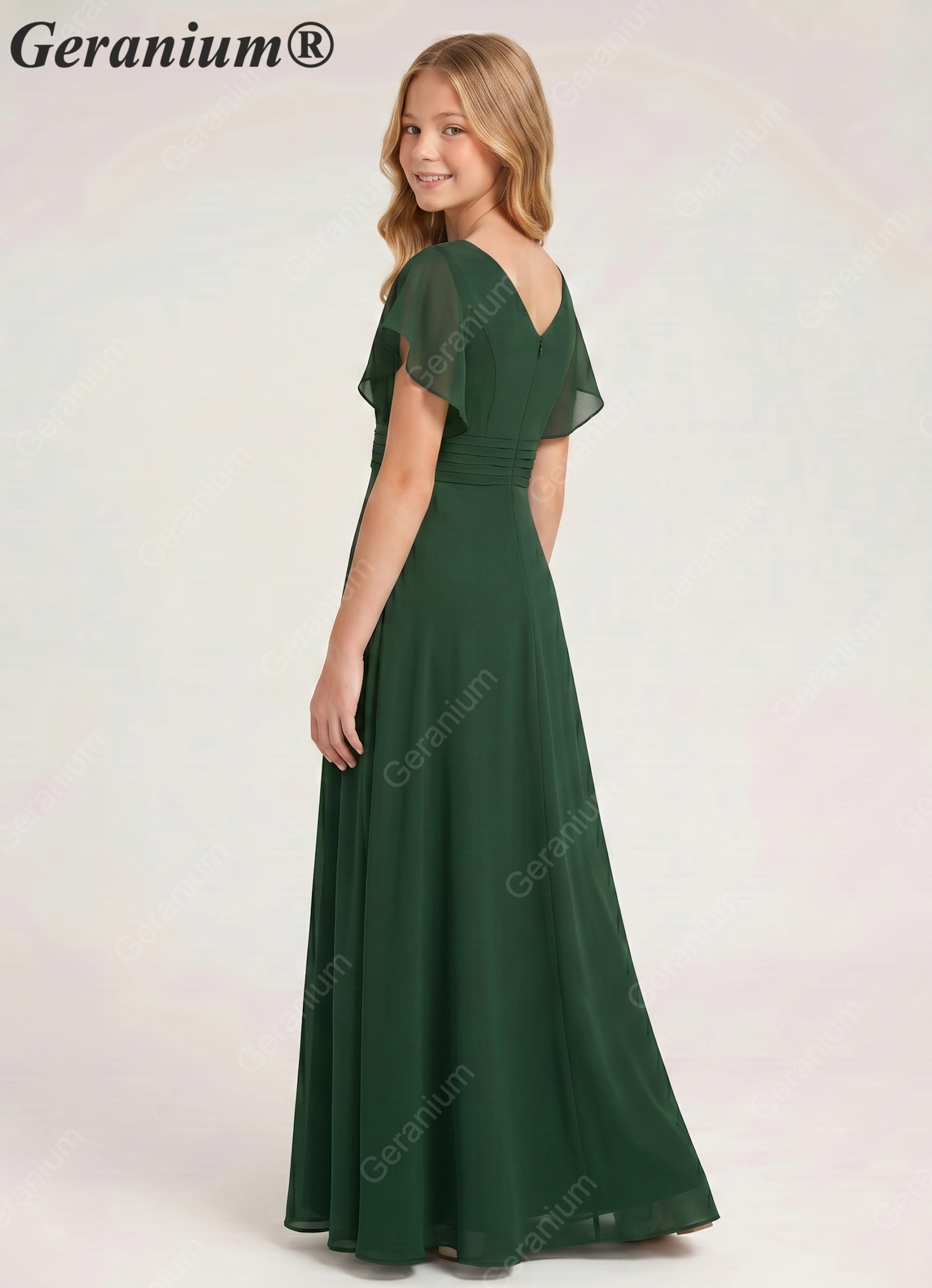 Geranium Elegant V-Neck Flutter Sleeve Chiffon Junior Bridesmaid Dress Long KD-320