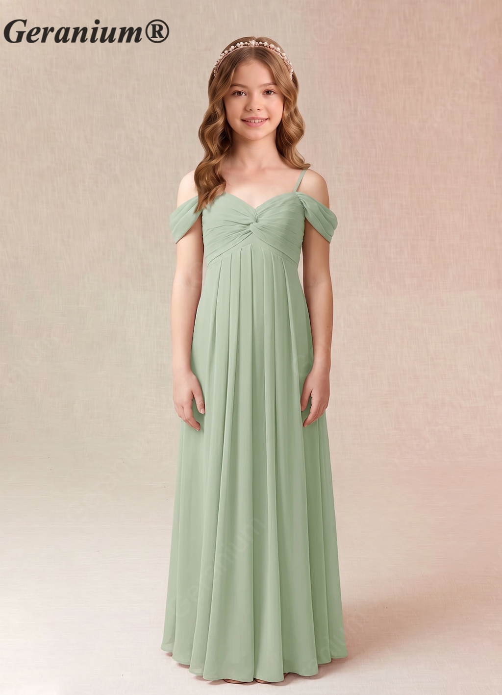 Geranium Sage Green Chiffon Off-Shoulder A-Line Maxi Dress with Ruched Bodice – Elegant Flowy Bridesmaid Dress KD-158