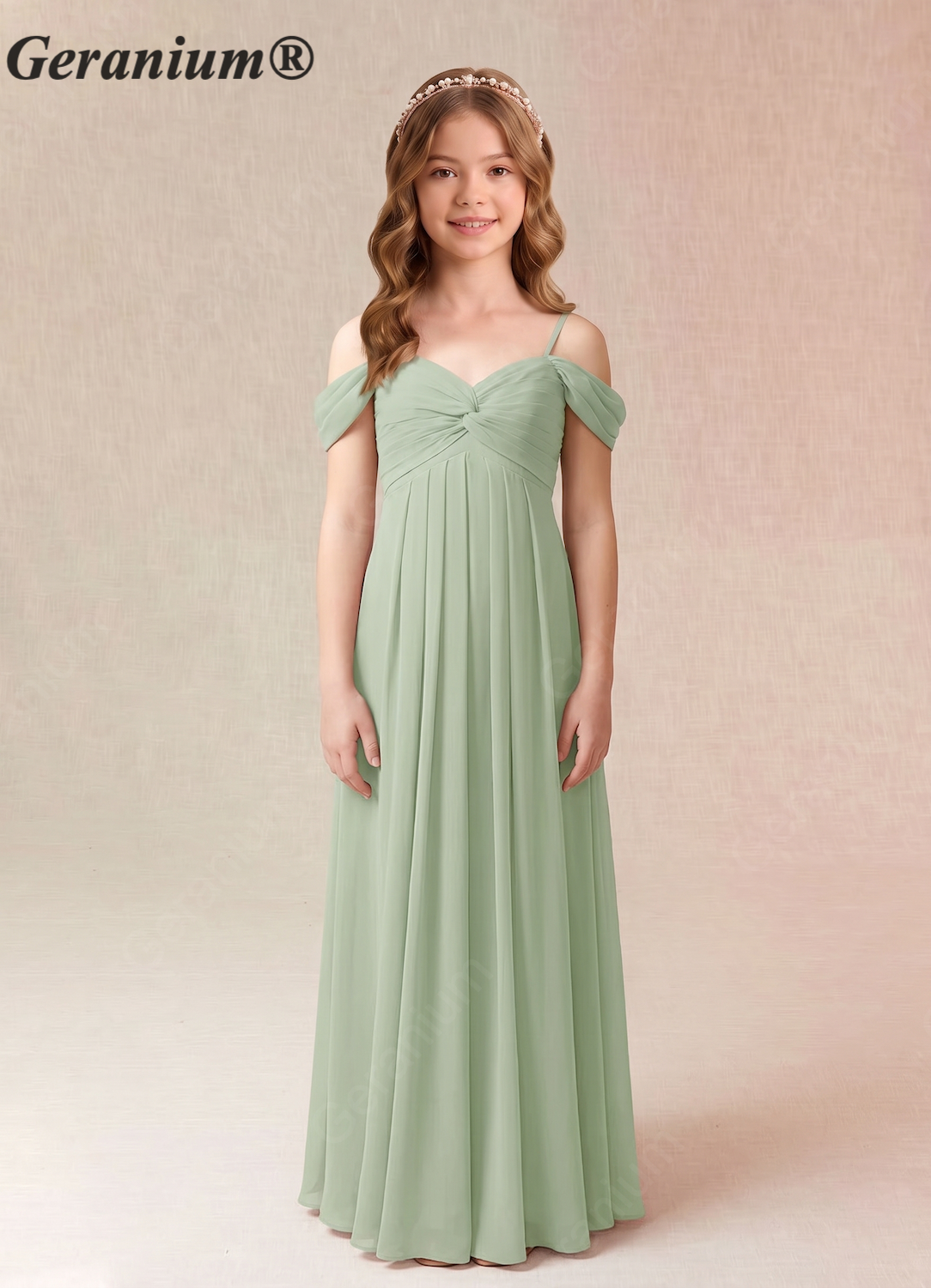 Geranium Sage Green Chiffon Off-Shoulder A-Line Maxi Dress with Ruched Bodice – Elegant Flowy Bridesmaid Dress KD-158