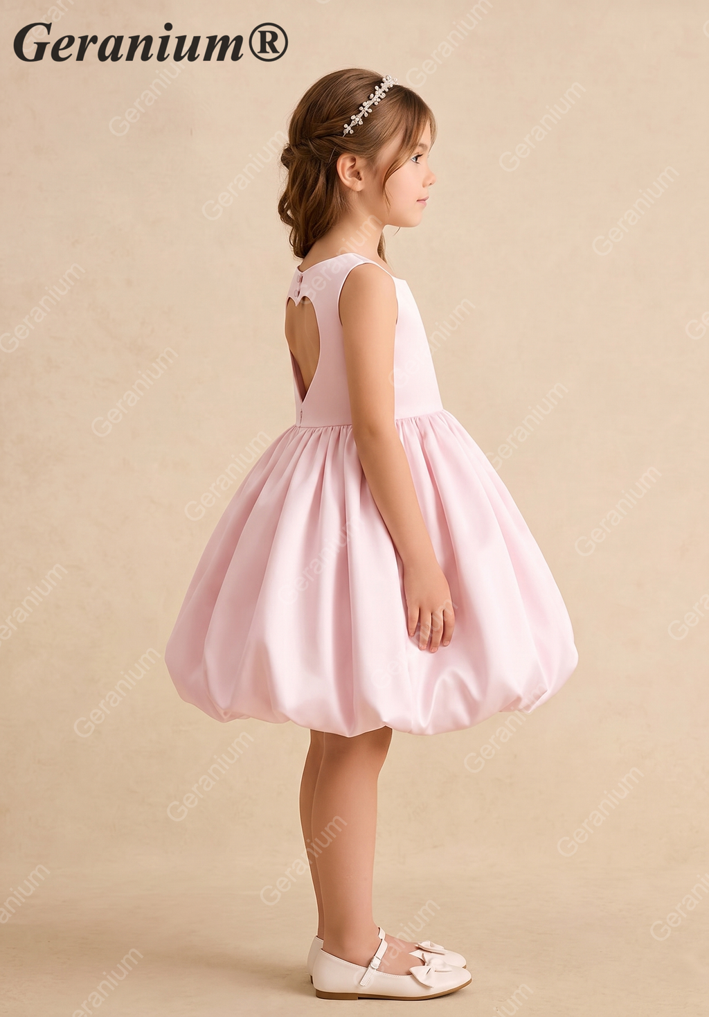 Geranium Girl's Pink Satin Flower Girl Dress - Sweet Heart Cut-Out Back Bubble Hem Party Gown KD-226