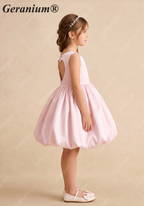 Geranium Girl's Pink Satin Flower Girl Dress - Sweet Heart Cut-Out Back Bubble Hem Party Gown KD-226