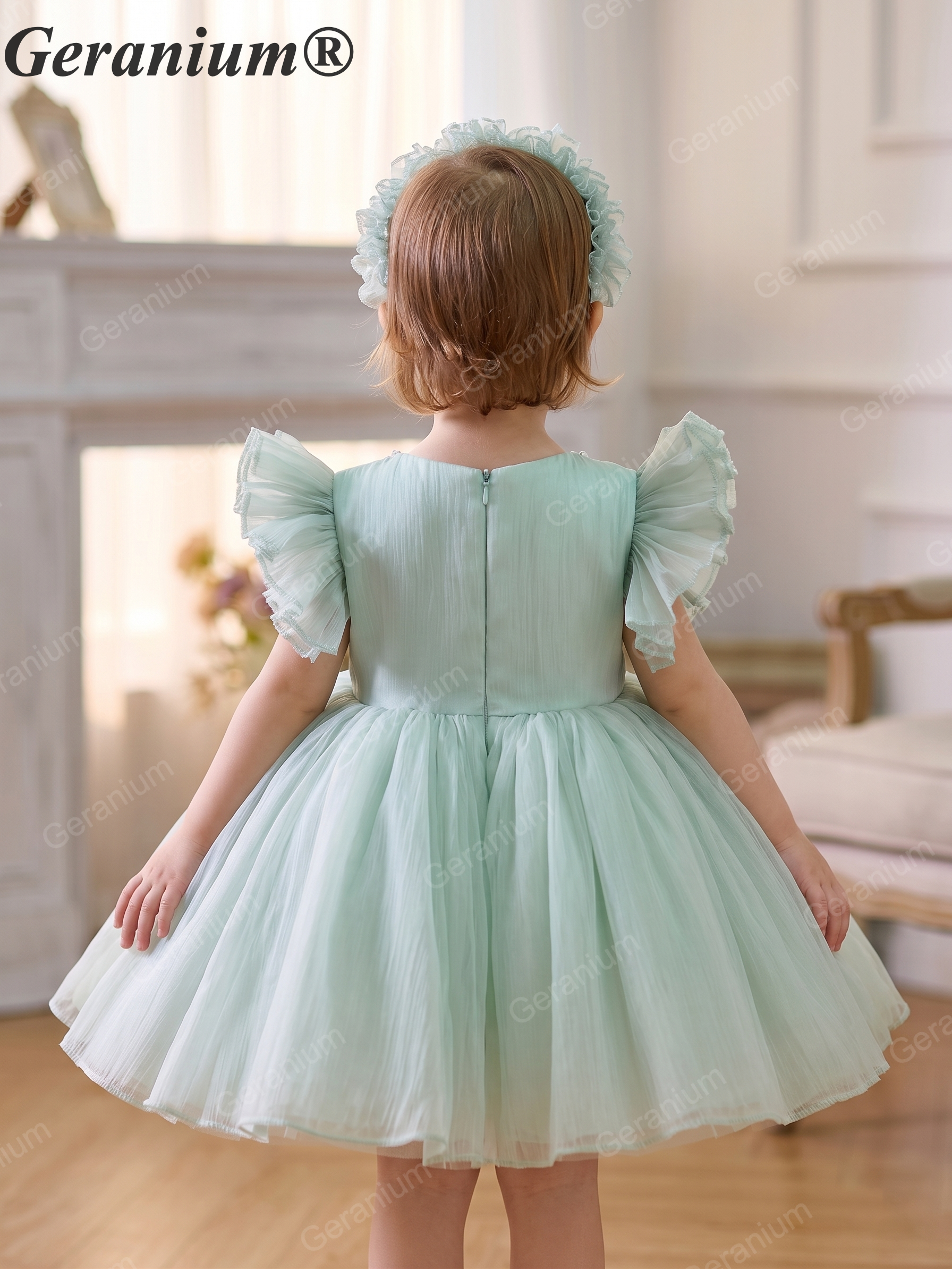 Geranium Toddler Girl Tulle Party Dress with Pearl Neckline and Ruffled Cap Sleeves - Perfect for Birthdays, Flower Girls, Formal Events KD-371