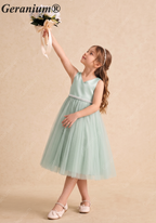 Geranium Elegant Sage Green Flower Girl Dress with Oversized Back Bow and Pearl Waistband KD-232