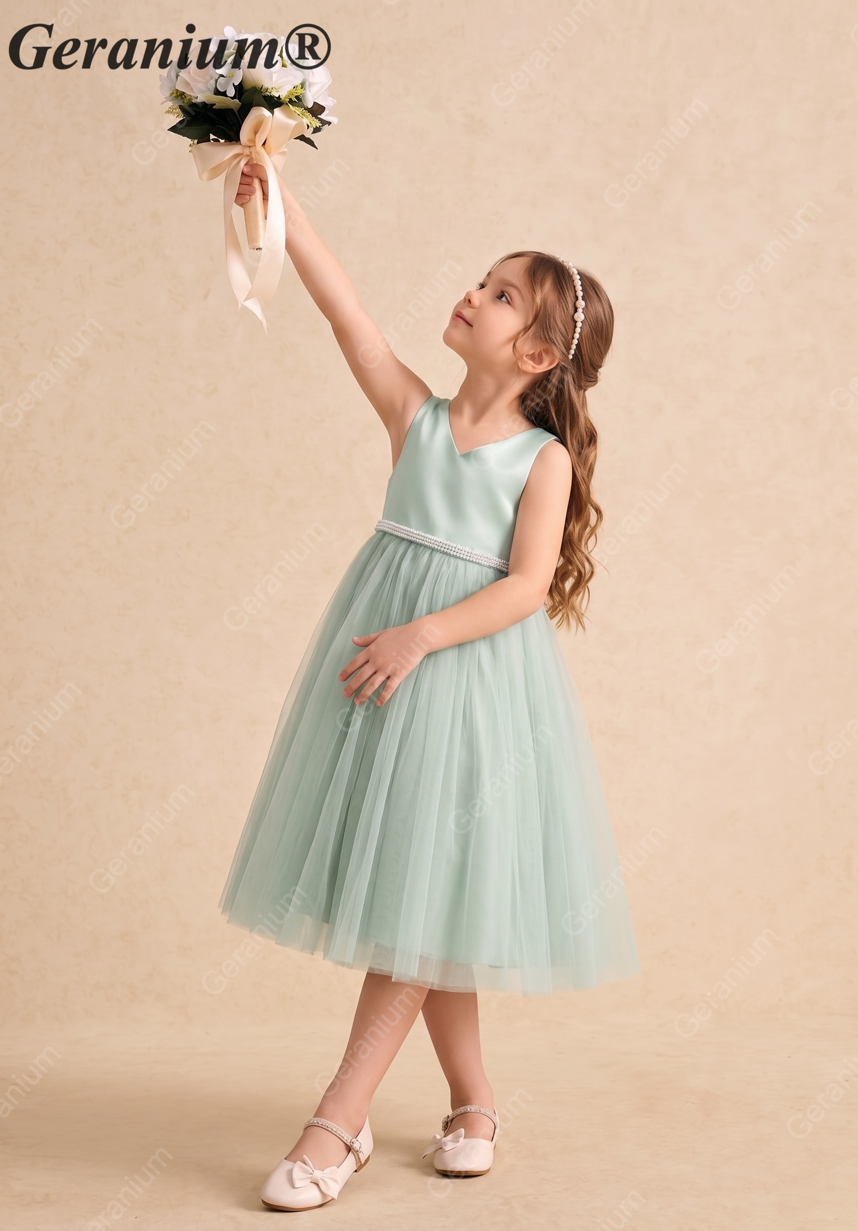 Geranium Elegant Sage Green Flower Girl Dress with Oversized Back Bow and Pearl Waistband KD-232