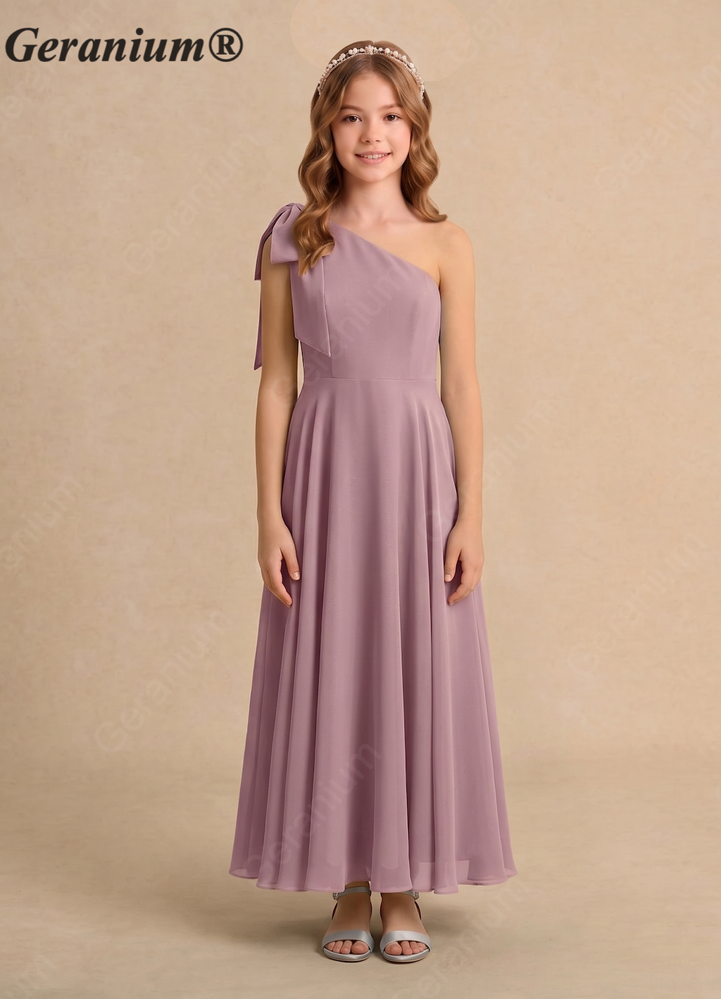 Geranium Dusty Mauve One Shoulder Flower Girl Dress with Bow – Elegant Chiffon Junior Bridesmaid Dress Long KD-106