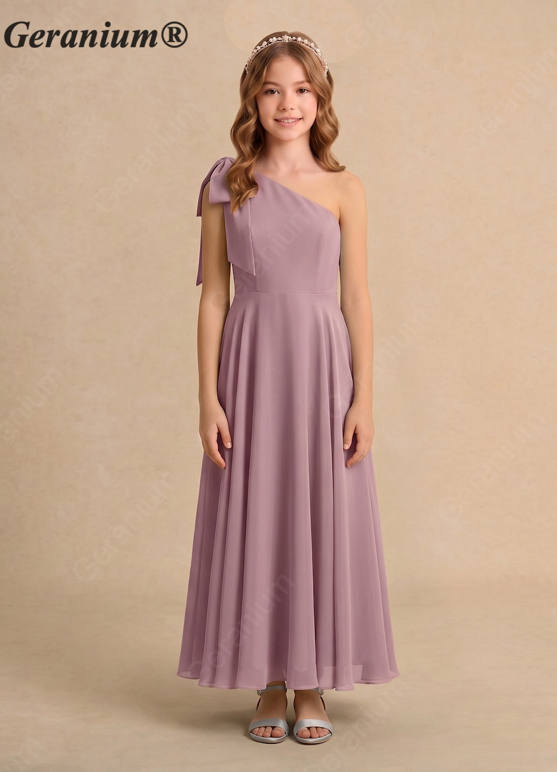 Geranium Dusty Mauve One Shoulder Flower Girl Dress with Bow – Elegant Chiffon Junior Bridesmaid Dress Long KD-106