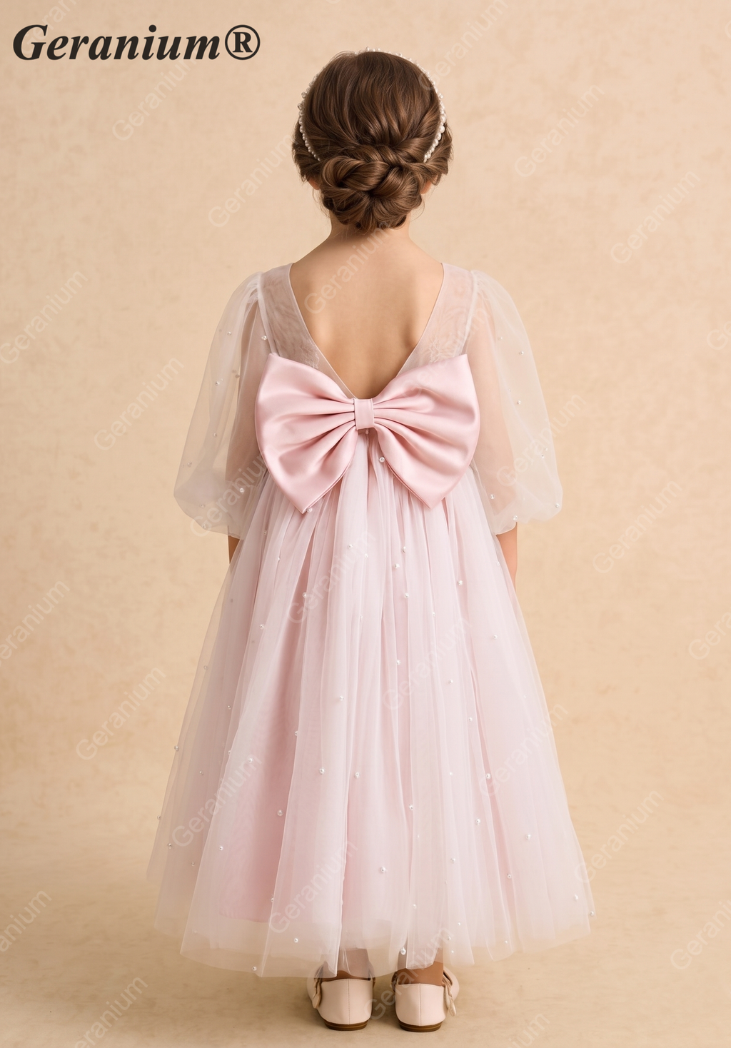 Geranium Girls Pink Pearl Tulle Princess Dress - Backless Party Gown with Oversized Bow & Puff Sleeves KD-293