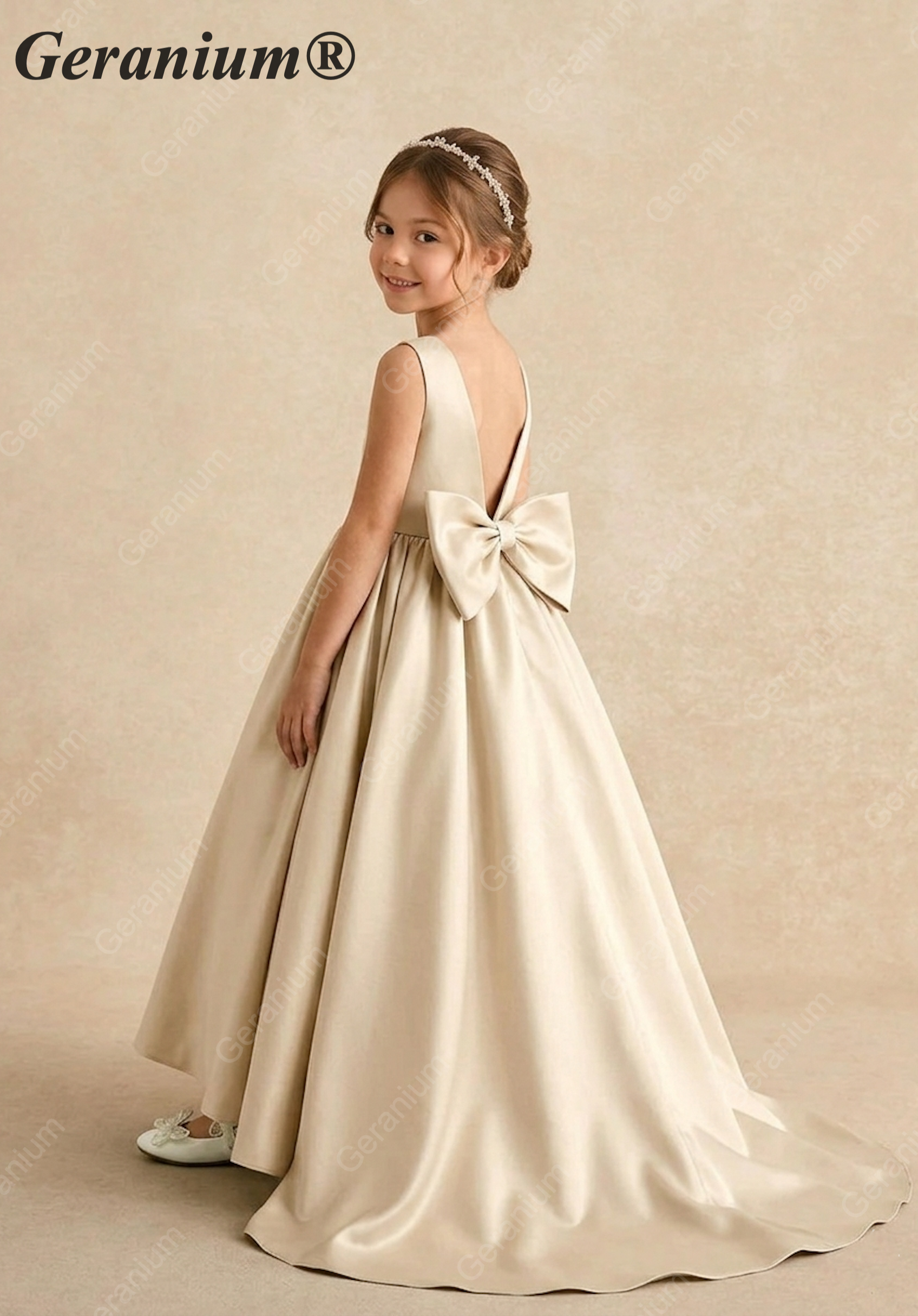 Geranium Champagne Satin Flower Girl Dress with Oversized Bow & Sweep Train – KD-181 Image secondaire du produit