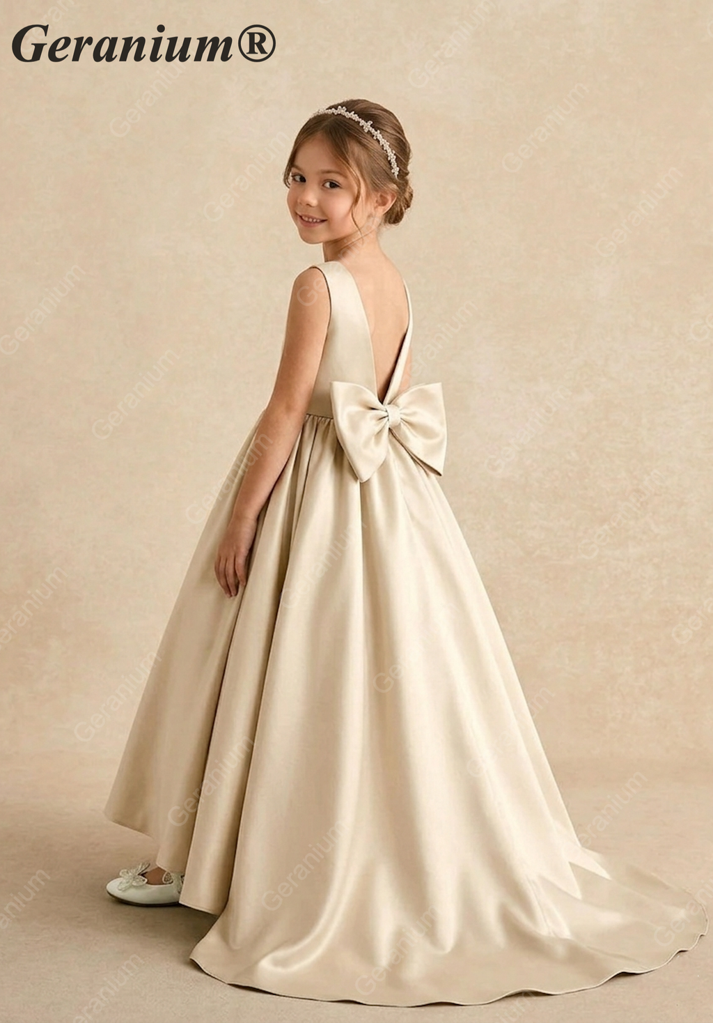 Geranium Elegant Champagne Satin Flower Girl Dress with Oversized Bow and Sweep Train KD-181