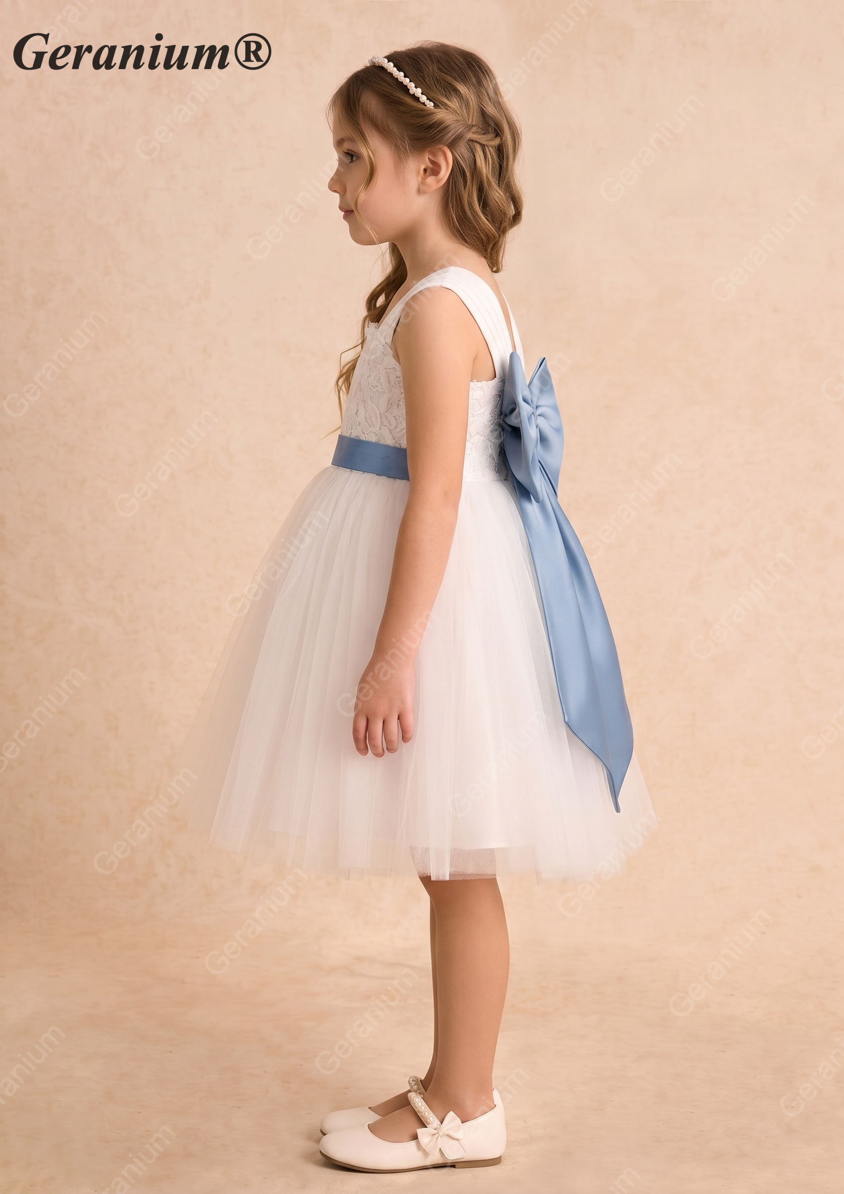 Geranium Floral Lace Tulle Flower Girl Dress with Removable Oversized Back Bow KD-281