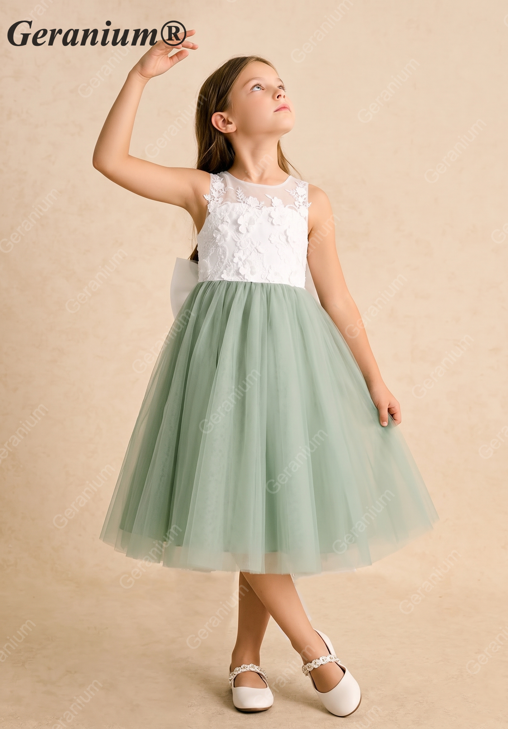 Geranium Sage Green Flower Girl Dress: Embroidered Lace Applique Bodice with Oversized Back Bow KD-200