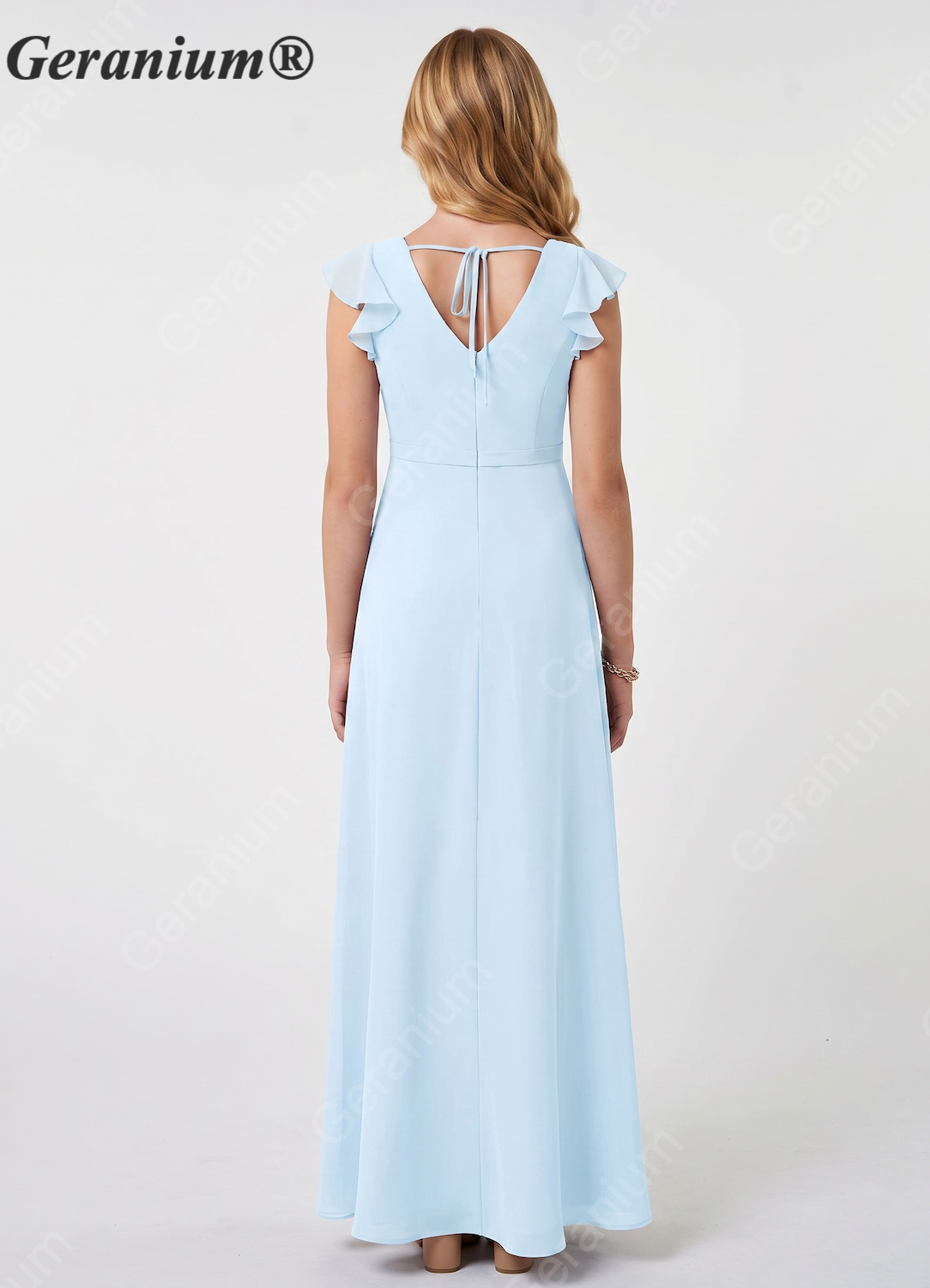 Geranium Light Blue Junior Bridesmaid Dress with Flutter Sleeves V-Neck Chiffon Floor-Length Dress with Slit KD-84