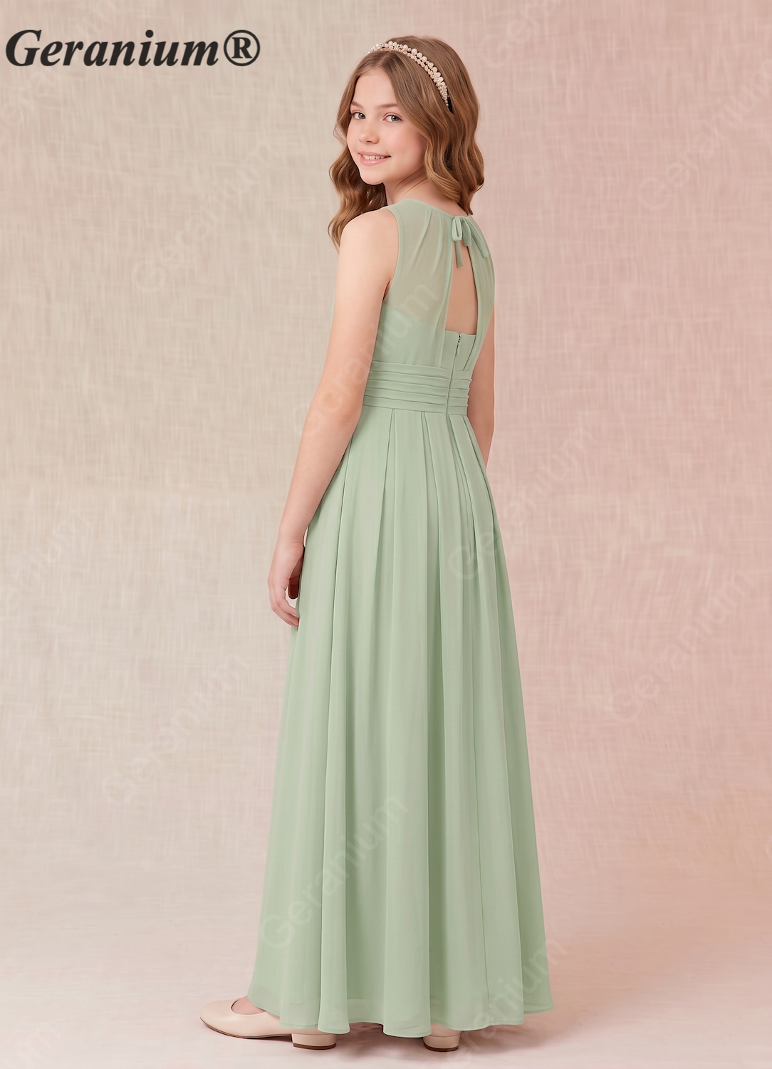 Geranium Sage Green Chiffon Halter Junior Bridesmaid Dress with Keyhole Back – KD-157 Secondary image