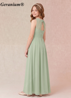 Geranium Sage Green Chiffon Junior Bridesmaid Dress – High Neck Pleated A-Line Floor Length Dress with Open Back KD-157