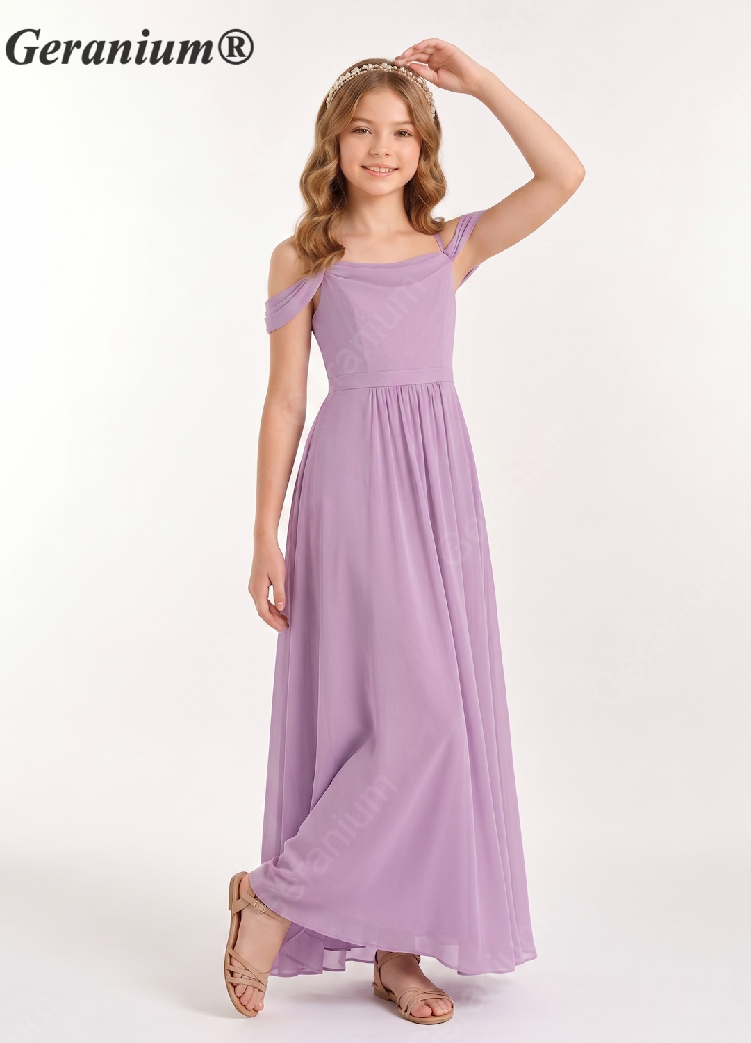 Geranium Elegant Chiffon Cold Shoulder Junior Bridesmaid Dress with Draped Neckline KD-58J Secondary image