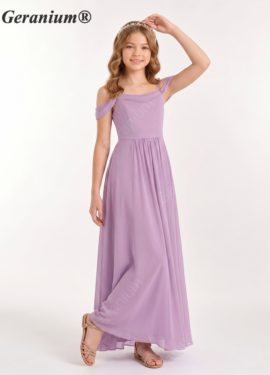 Geranium Elegant Chiffon Cold Shoulder Junior Bridesmaid Dress with Draped Neckline KD-58J