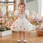 Geranium Toddler Girl Sparkly White Tulle Pom-Pom Party Dress - Sequin Birthday Gown & Flower Girl Outfit KD-31