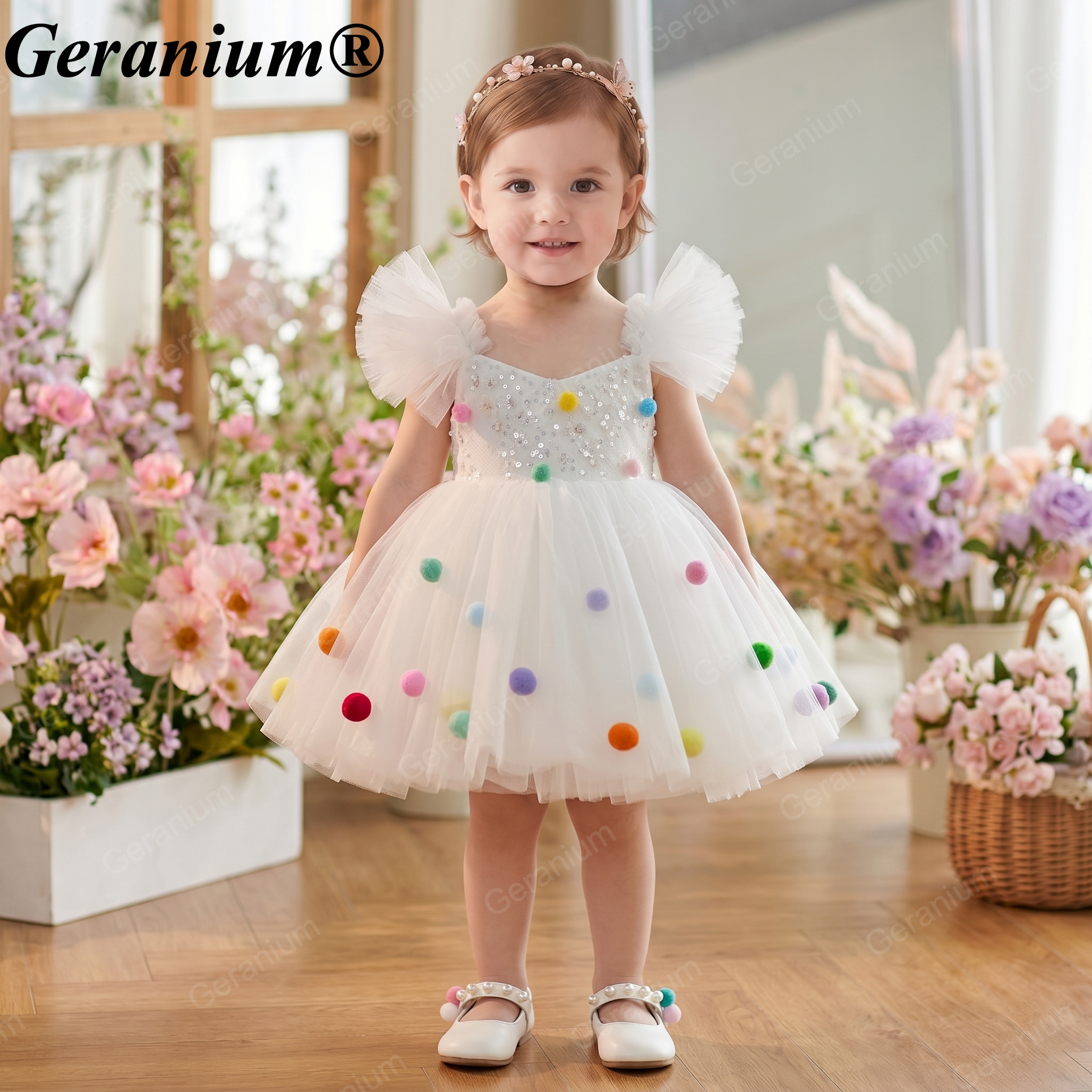 Geranium Toddler Girl Sparkly White Tulle Pom-Pom Party Dress - Sequin Birthday Gown & Flower Girl Outfit KD-31