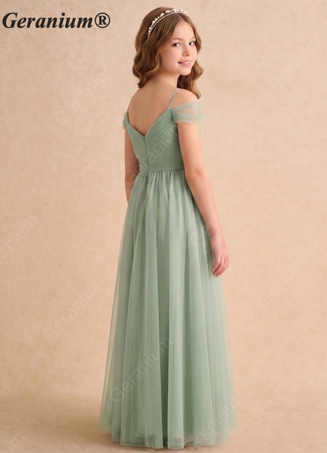Geranium Sage Green Off-Shoulder Tulle Flower Girl Dress – Elegant A-Line Long Junior Bridesmaid Dress KD-152