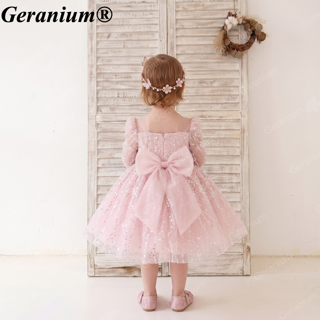 Geranium Sparkling Sequin Flower Girl Dress with Oversized Back Bow - Long Sleeve Illusion Princess Gown KD-37