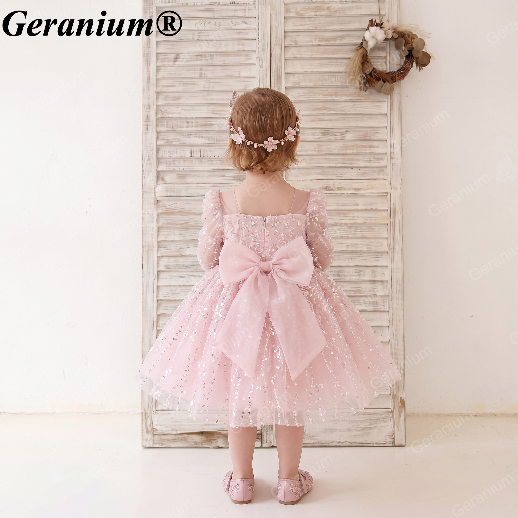 Geranium Sparkling Sequin Flower Girl Dress with Oversized Back Bow - Long Sleeve Illusion Princess Gown KD-37