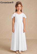 Geranium Cold Shoulder Chiffon Flower Girl Dress with Ruched V-Neck Bodice KD-260