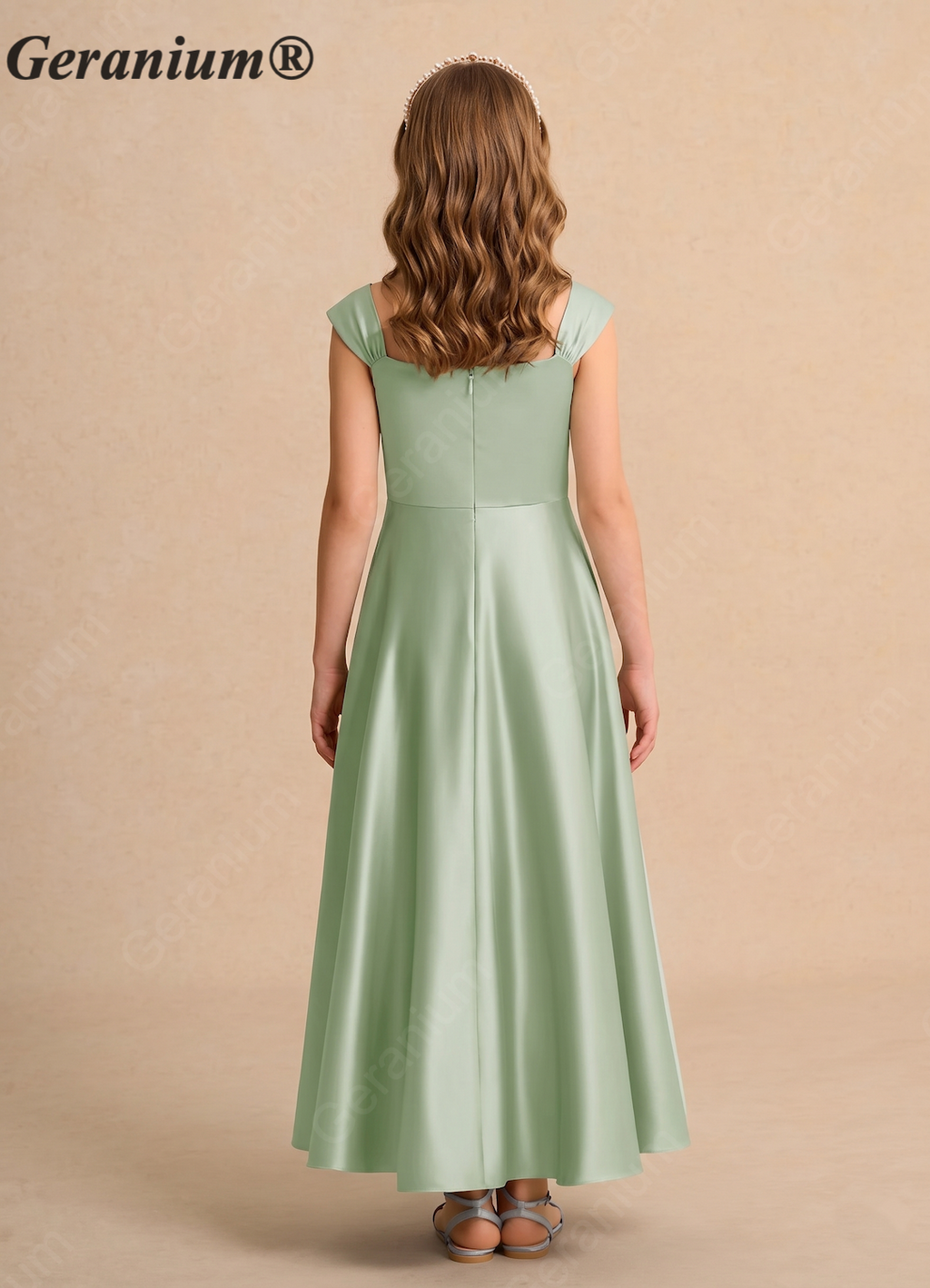 Geranium Sage Green Satin Flower Girl Dress – Square Neck Cap Sleeve A-Line Ankle Length Junior Bridesmaid Dress KD-103