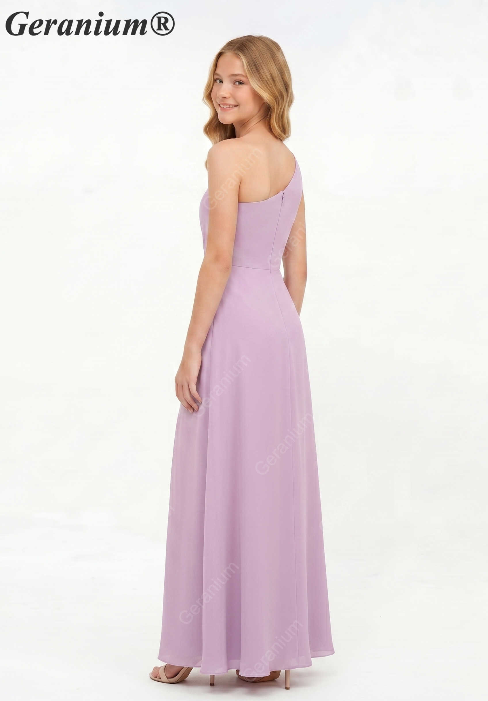 Geranium Lavender One Shoulder Pleated Chiffon Junior Bridesmaid Dress with Side Slit – KD-317 Secondary image