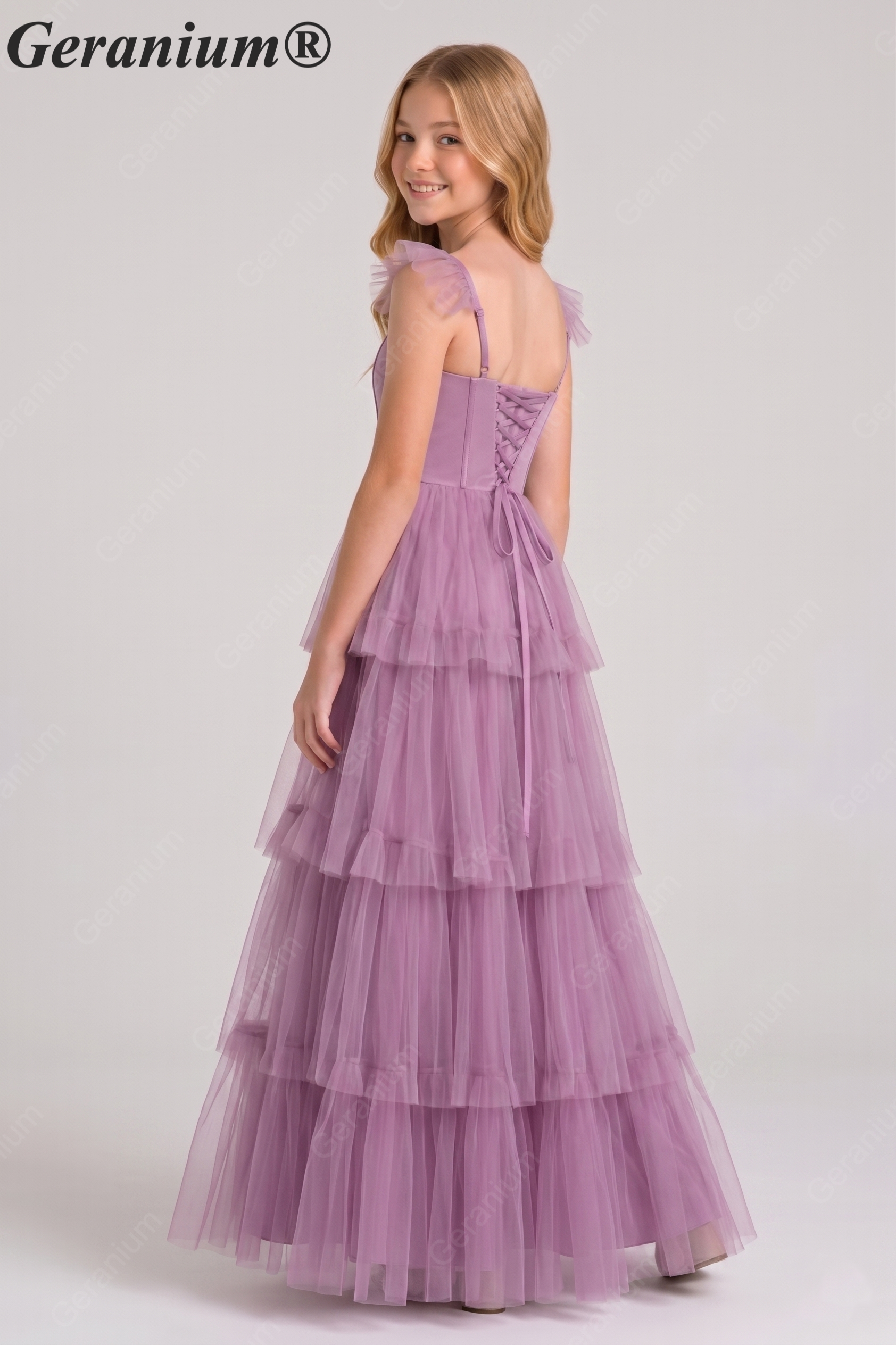 Geranium Fairy-tale Square Neck Tiered Tulle Gown with Corset Bodice for Bridesmaid & Prom KD-325