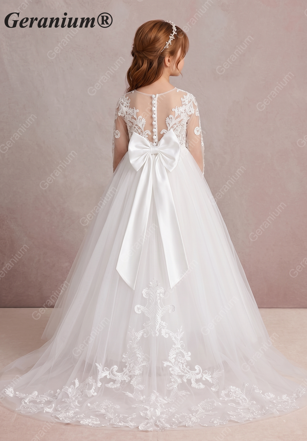 Geranium Elegant Lace Long Sleeve Flower Girl Dress with Oversized Back Bow & Tulle Train KD-208