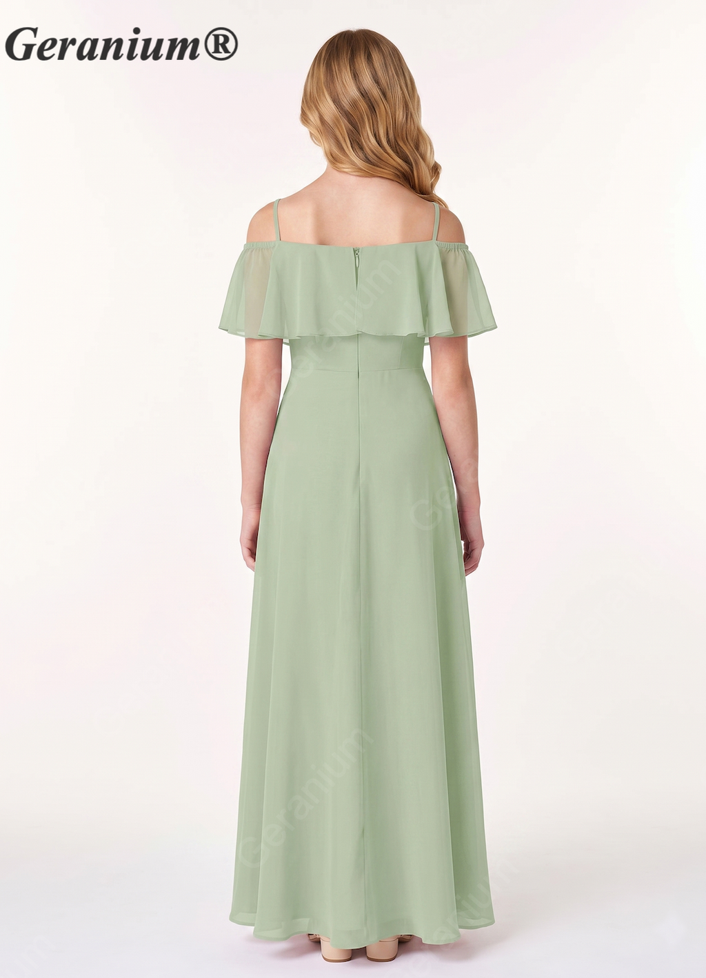 Geranium Elegant Cold-Shoulder Ruffle Chiffon Junior Bridesmaid Maxi Dress - Sage Green KD-71