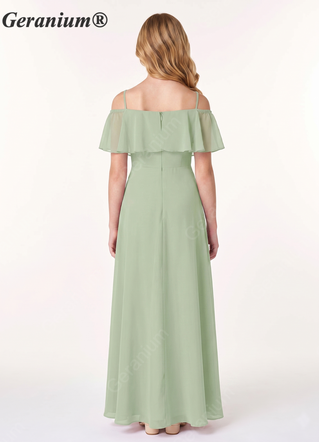 Geranium Elegant Cold-Shoulder Ruffle Chiffon Junior Bridesmaid Maxi Dress - Sage Green KD-71