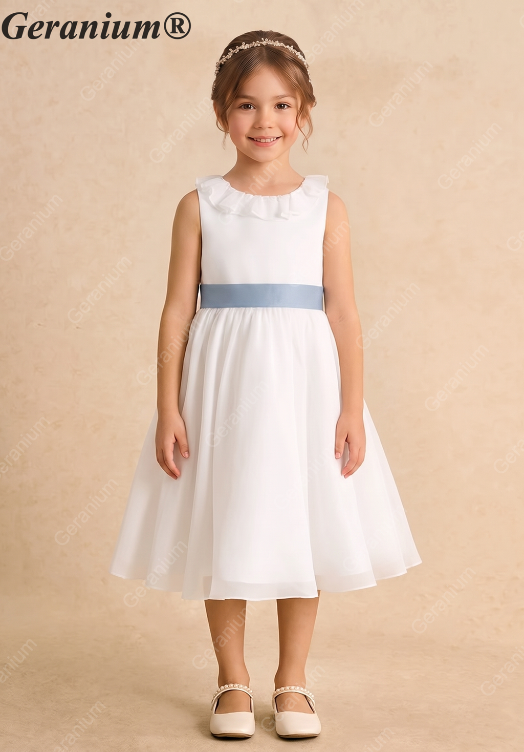 Geranium Elegant White Chiffon Flower Girl Dress with Dusty Blue Detachable Bow Sash & Ruffle Neckline KD-284