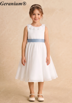 Geranium Elegant White Chiffon Flower Girl Dress with Dusty Blue Detachable Bow Sash & Ruffle Neckline KD-284