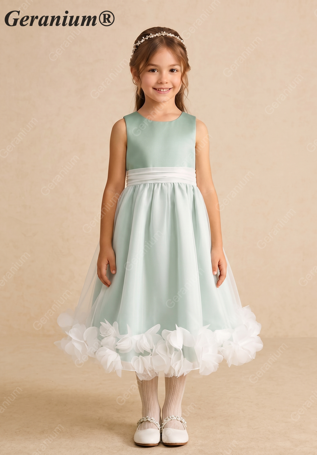 Geranium Elegant Sage Green Satin Flower Girl Dress with Tulle Overlay and Pétal Hem KD-268