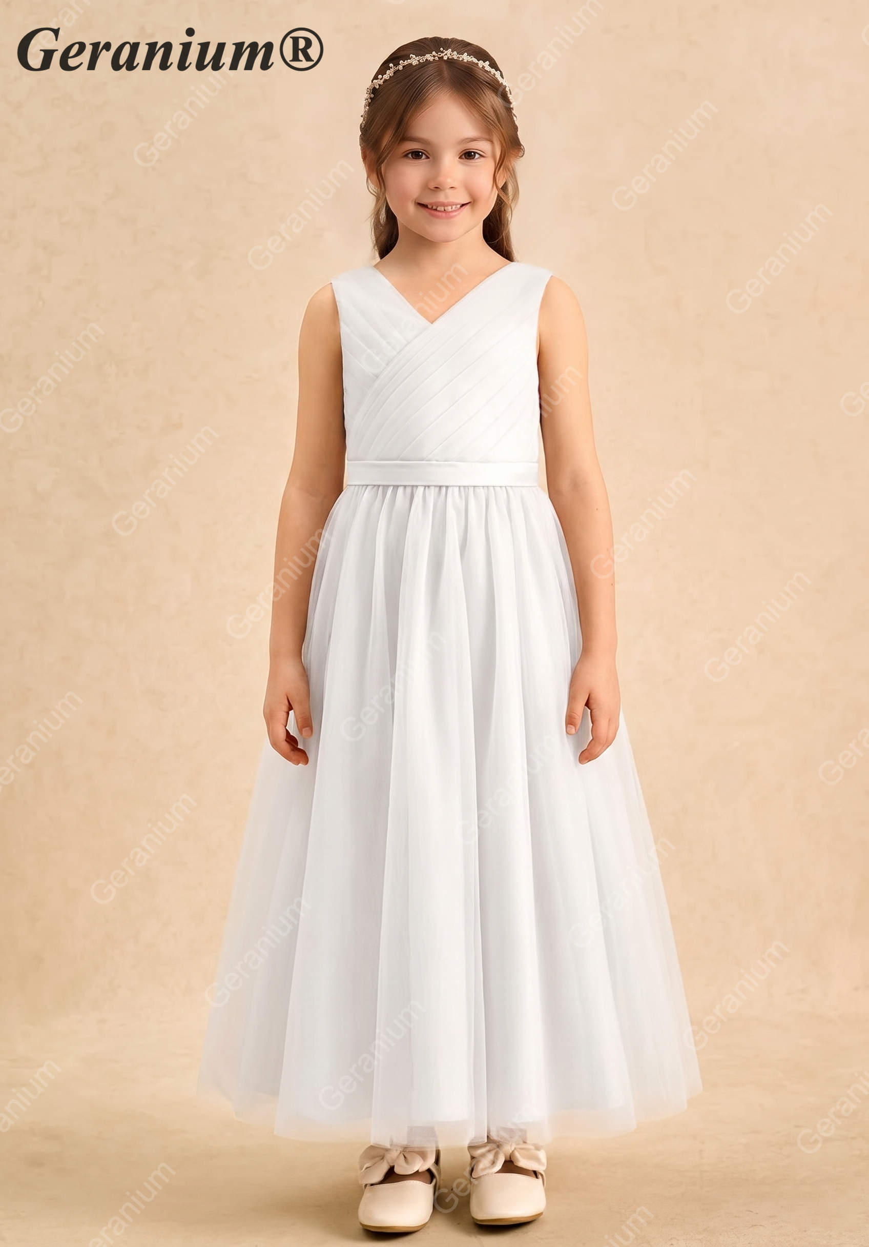 Geranium V-Neck Ruched Tulle A-Line Flower Girl Dress – KD-225 Main image